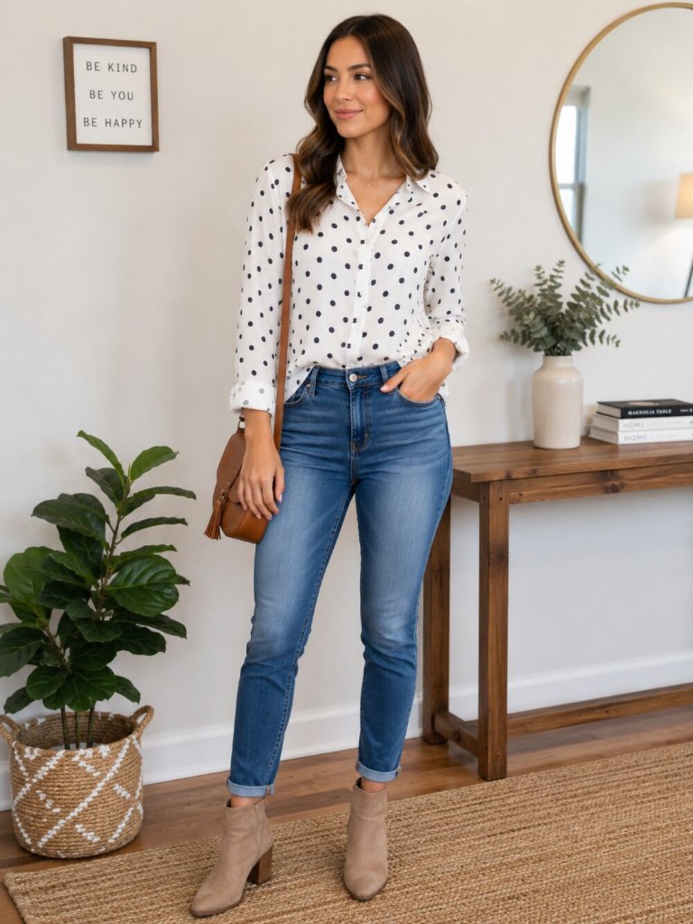 Crown & Ivy Polka Dot Button Down Blouse | White Navy | XS | Long Sleeve Top